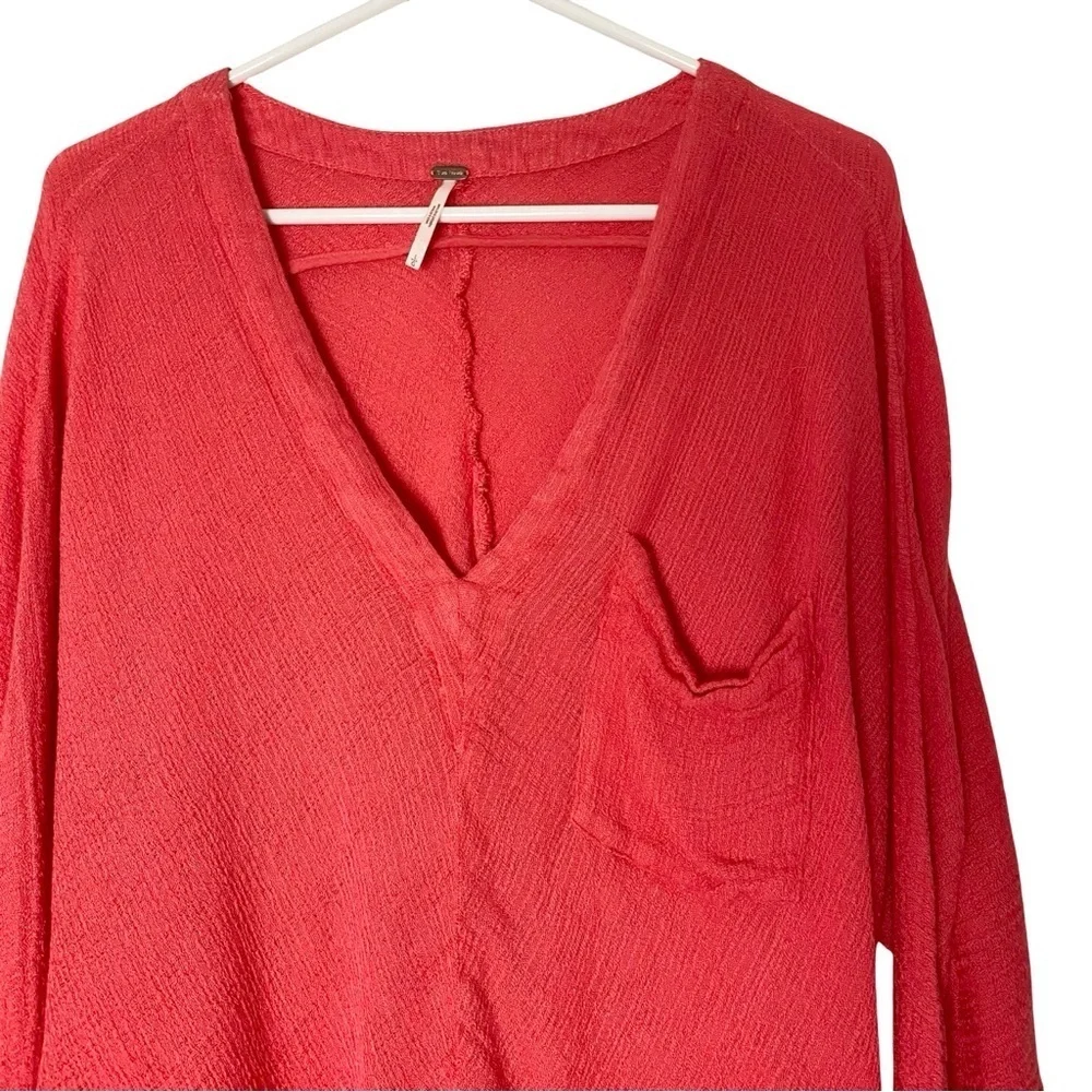 Free People Morning Gauze Top Womens Size Large V Neck Coral Orange Pocket Shirt
